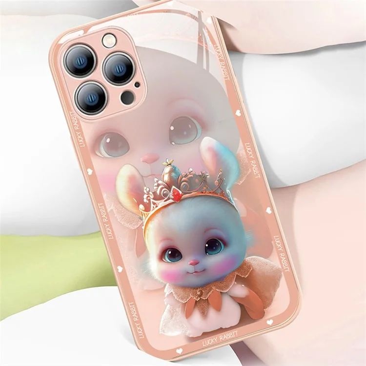 Pour iPhone 12 Pro Max 6,7 pouces Anti-Fading Princess Rabbit Pattern Printing Phone Case Tempered Glass+TPU Phone Cover - Rose
