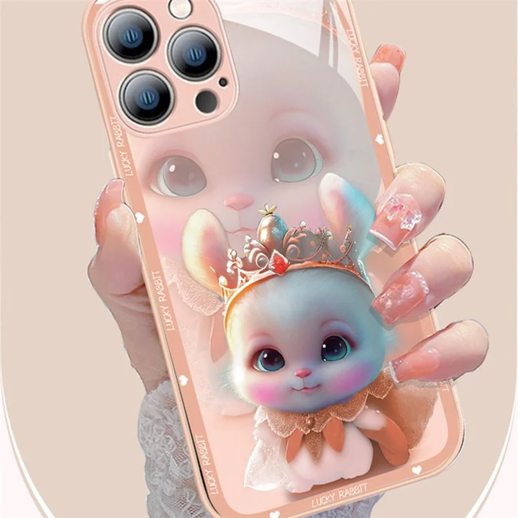 Für iPhone 13 Pro 6.1 Zoll Handyhülle Gehärtetes Glas TPU Anti-Fading Prinzessin Hase Muster Druckschutz Rückenschale - Pink