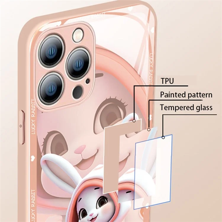 For iPhone 13 Pro Max 6.7 inch Cute Rabbit Pattern Printing Phone Case Hard Tempered Glass+TPU Shockproof Smartphone Cover - Pink