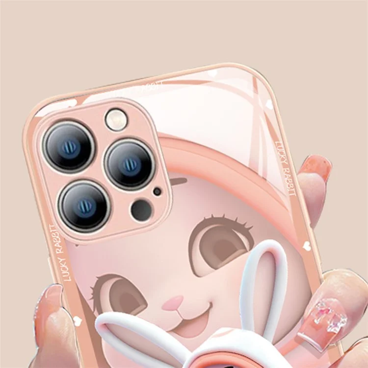 For iPhone 13 Pro Max 6.7 inch Cute Rabbit Pattern Printing Phone Case Hard Tempered Glass+TPU Shockproof Smartphone Cover - Pink