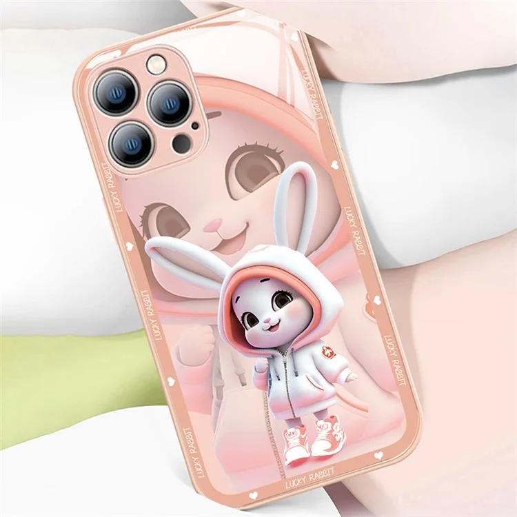 For iPhone 13 Pro Max 6.7 inch Cute Rabbit Pattern Printing Phone Case Hard Tempered Glass+TPU Shockproof Smartphone Cover - Pink