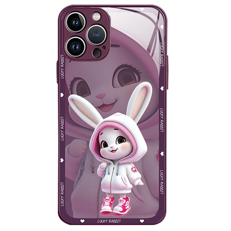 For iPhone 12 Pro 6.1 inch Shockproof Rabbit Pattern Printing Phone Case Hard Tempered Glass+TPU Smartphone Cover - Purple