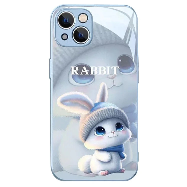 For iPhone 14 Back Cover, Cartoon Rabbit with Knitted Hat Tempered Glass+TPU Phone Protective Case - Blue