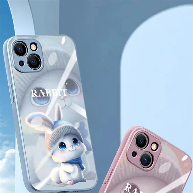 For iPhone 14 Back Cover, Cartoon Rabbit with Knitted Hat Tempered Glass+TPU Phone Protective Case - Blue