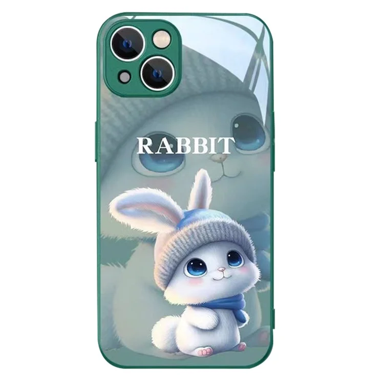 For iPhone 14 Plus Back Cover, Cartoon Rabbit with Knitted Hat Bump Proof Tempered Glass+TPU Phone Protective Case - Green