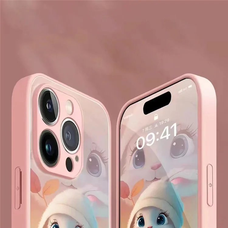 For iPhone 14 Pro Rabbit and Leaves Pattern Smartphone Case Scratch-resistant Tempered Glass + TPU Phone Cover - Pink