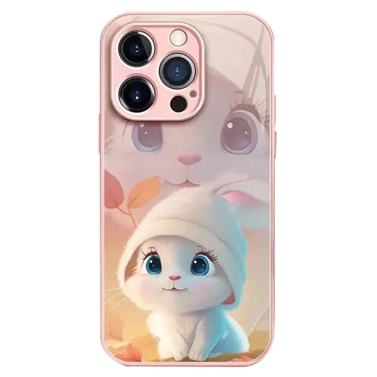 Fallsicherer Handyhülle für iPhone 14 Pro Max, Anti-Kratzer-Hase- und Blättermuster, gehärtetes Glas + TPU-Schutzabdeckung - Pink