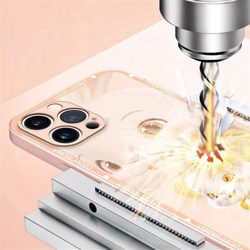 For iPhone 14 Pro Max beskyttende telefonbeskyttelse med anti-drop, jakke rygsæk med kaninmønster, hårdt temperede glas + TPU, rygbeskyttelse mod ridser - Blå