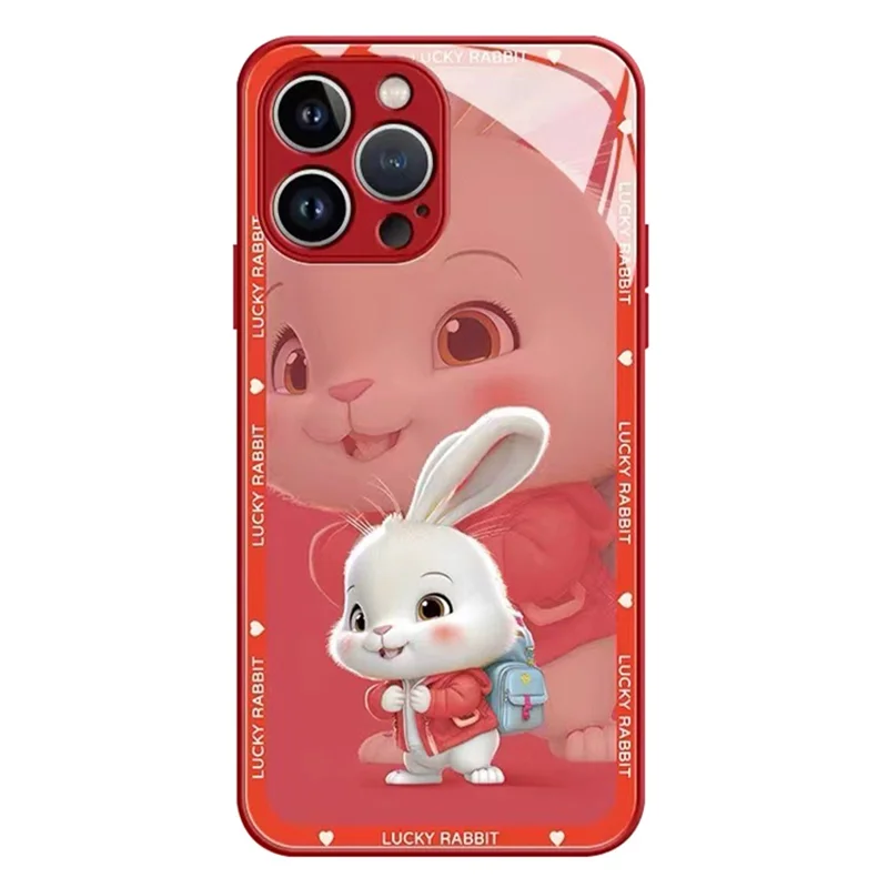 For iPhone 13 Pro Max 6.7 inch Drop-proof Phone Cover Jacket Backpack Rabbit Tempered Glass + TPU Phone Case - Red