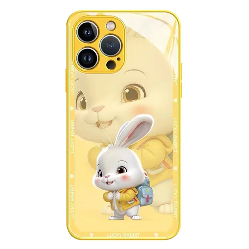 For iPhone 13 Pro 6.1 inch Jacket Backpack Rabbit Pattern Tempered Glass + TPU Phone Case Protective Mobile Phone Back Cover - Yellow