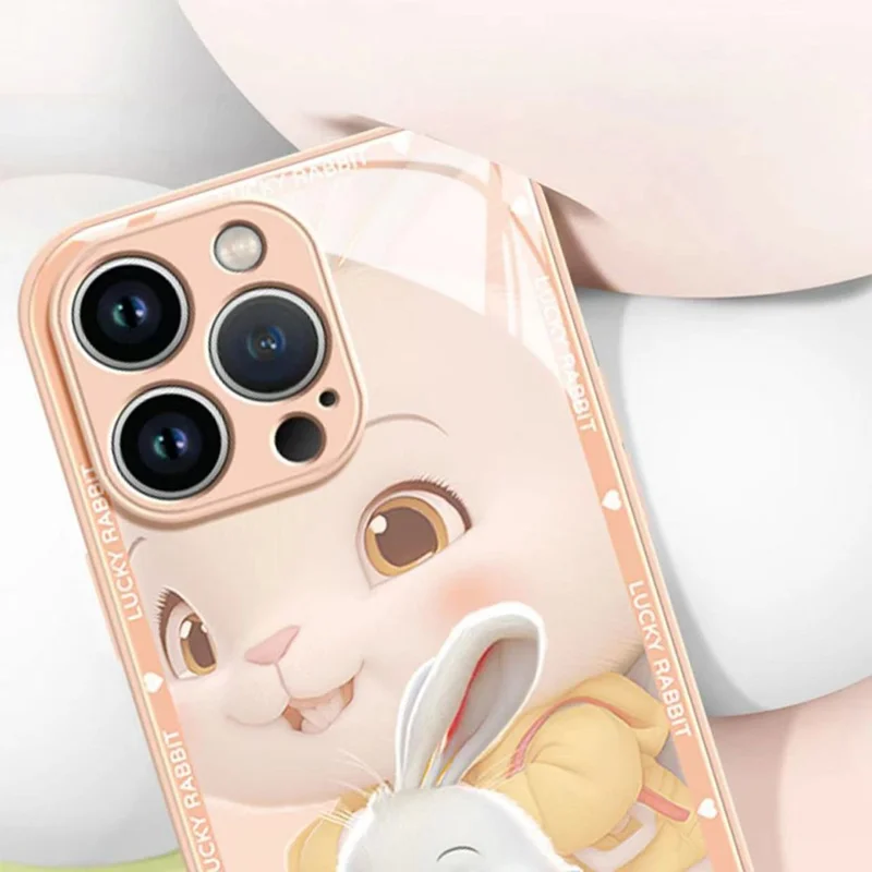 For iPhone 13 Pro 6.1 inch Jacket Backpack Rabbit Pattern Tempered Glass + TPU Phone Case Protective Mobile Phone Back Cover - Yellow