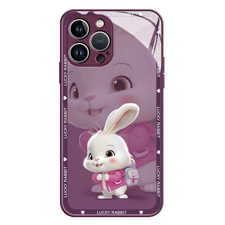 Para iPhone 13 Pro 6.1 polegadas Jacket Backpack Rabbit Pattern Tempered Glass + TPU Phone Case Protective Mobile Phone Back Cover - Roxo