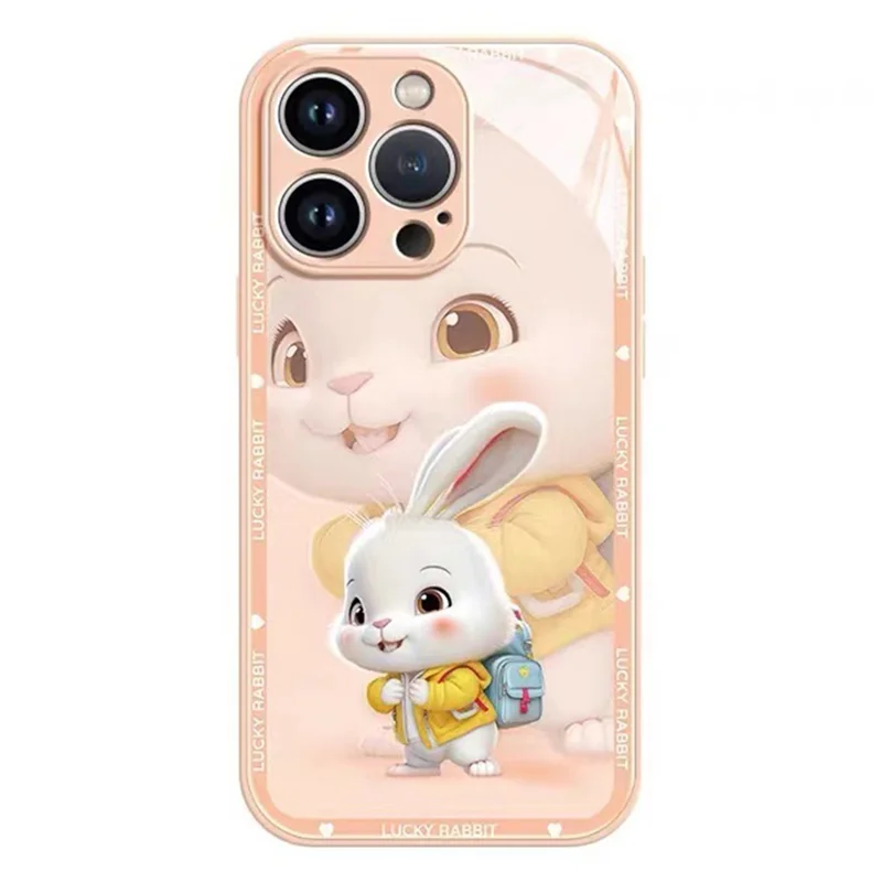 For iPhone 12 Pro 6.1 inch Jacket Backpack Rabbit Anti-fall Phone Case Tempered Glass + TPU Back Cover - Pink