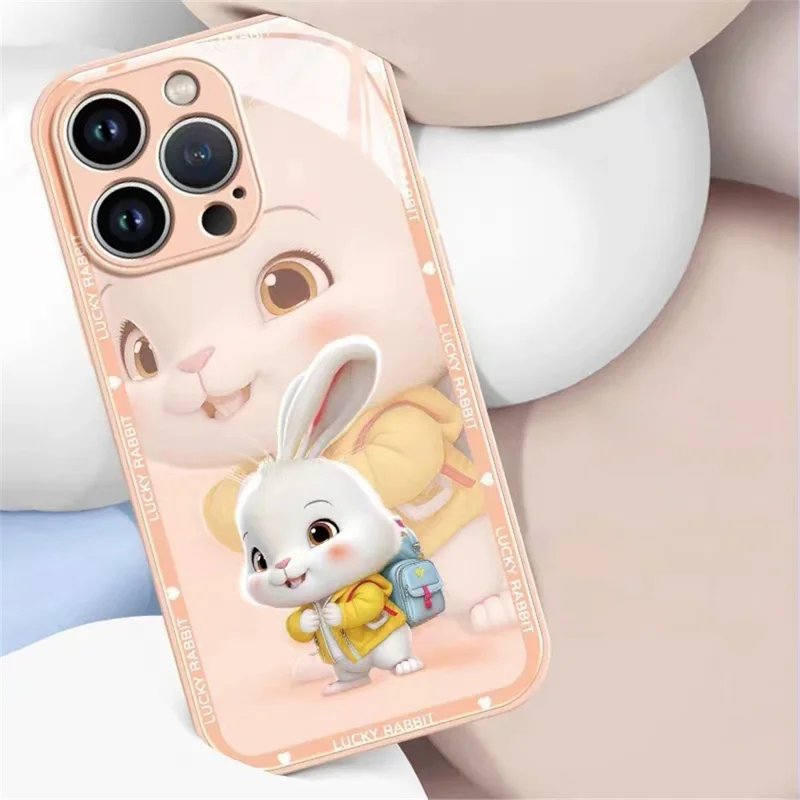 For iPhone 12 Pro 6.1 inch Jacket Backpack Rabbit Anti-fall Phone Case Tempered Glass + TPU Back Cover - Pink