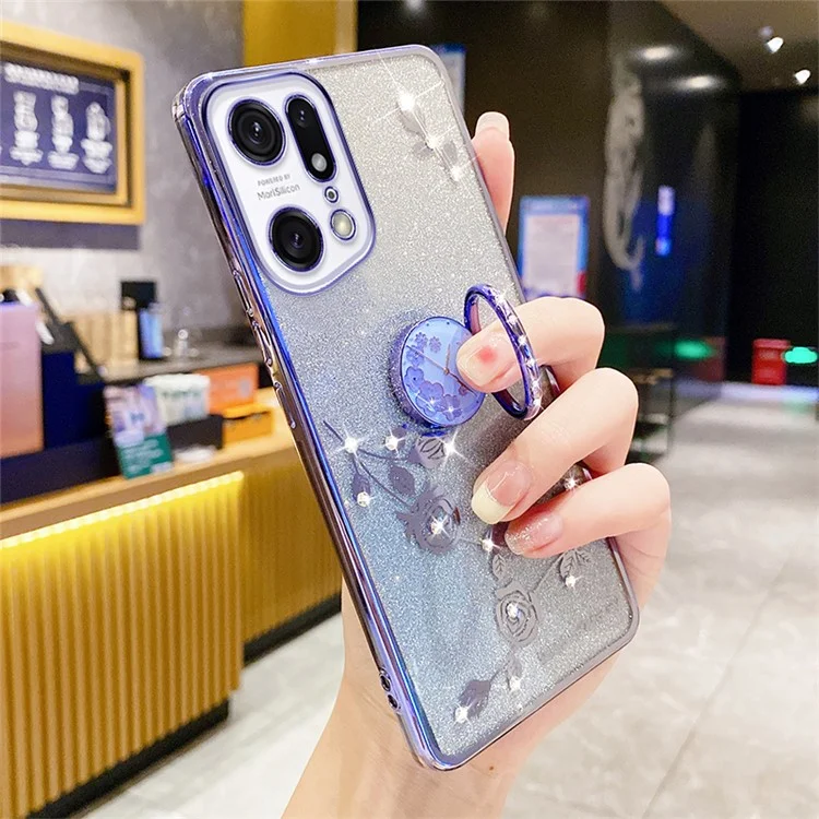 Gradient Glitter Phone Cover Für Oppo Find X5 Pro 5G, Ring Kickstand Blumenmuster Strassdekor Weiche Tpu-kratzer-resistente Smartphone-hülle - Lila