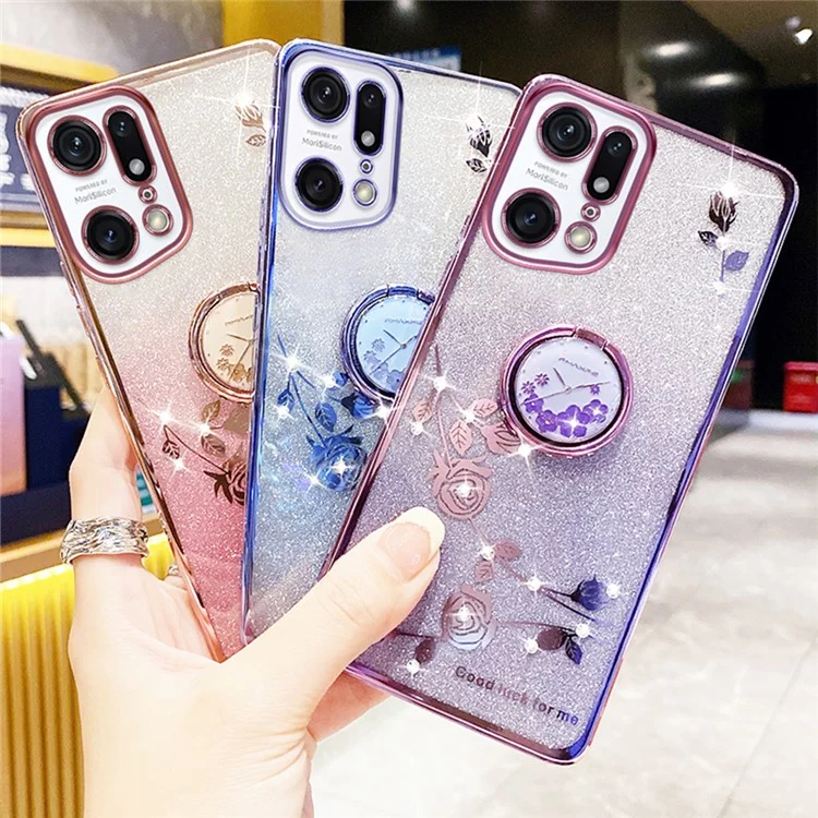 Gradient Glitter Phone Cover Für Oppo Find X5 Pro 5G, Ring Kickstand Blumenmuster Strassdekor Weiche Tpu-kratzer-resistente Smartphone-hülle - Lila