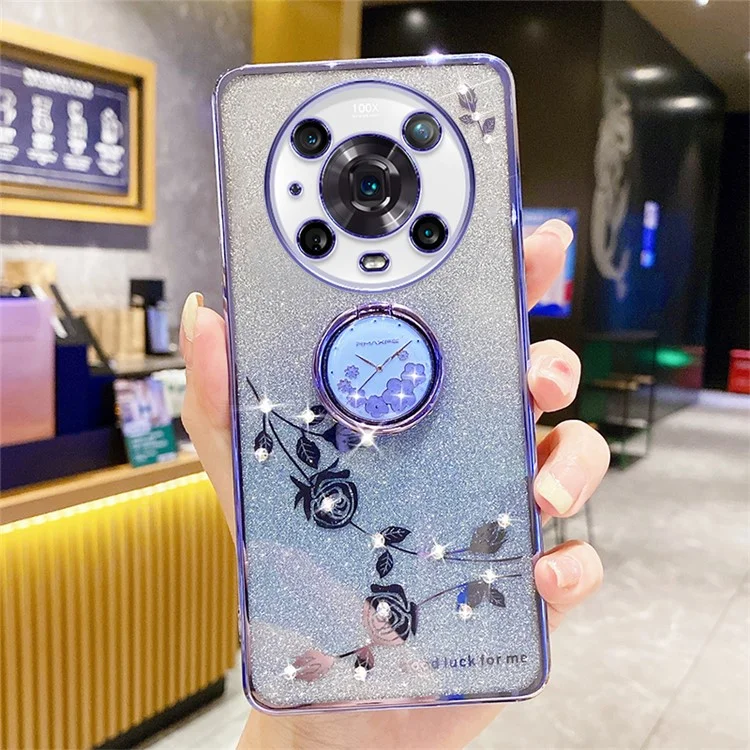 KADEM For Honor Magic4 Pro 5G TPU-Hülle mit Ständer, Glitzer-Blumen-Muster, Rhinestone-Dekor - Blau
