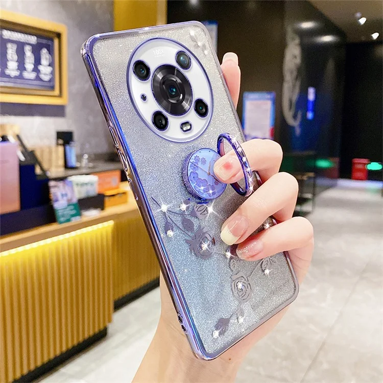 KADEM For Honor Magic4 Pro 5G TPU-Hülle mit Ständer, Glitzer-Blumen-Muster, Rhinestone-Dekor - Blau