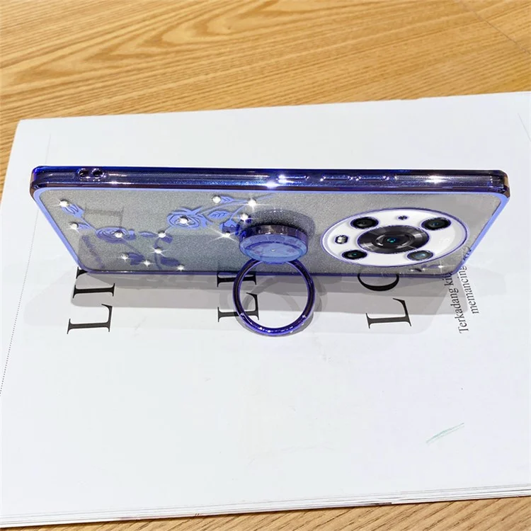 KADEM For Honor Magic4 Pro 5G TPU-Hülle mit Ständer, Glitzer-Blumen-Muster, Rhinestone-Dekor - Blau