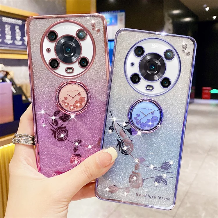 KADEM For Honor Magic4 Pro 5G TPU-Hülle mit Ständer, Glitzer-Blumen-Muster, Rhinestone-Dekor - Blau
