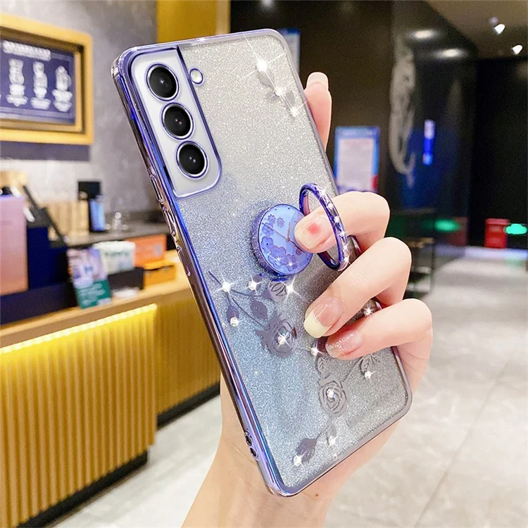 Coque TPU avec support pour Samsung Galaxy S21 5G / 4G, motif fleurs pailletées avec décoration de strass - Bleu