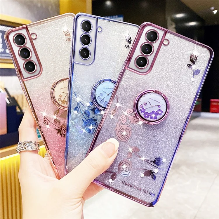 Coque TPU avec support pour Samsung Galaxy S21 5G / 4G, motif fleurs pailletées avec décoration de strass - Bleu