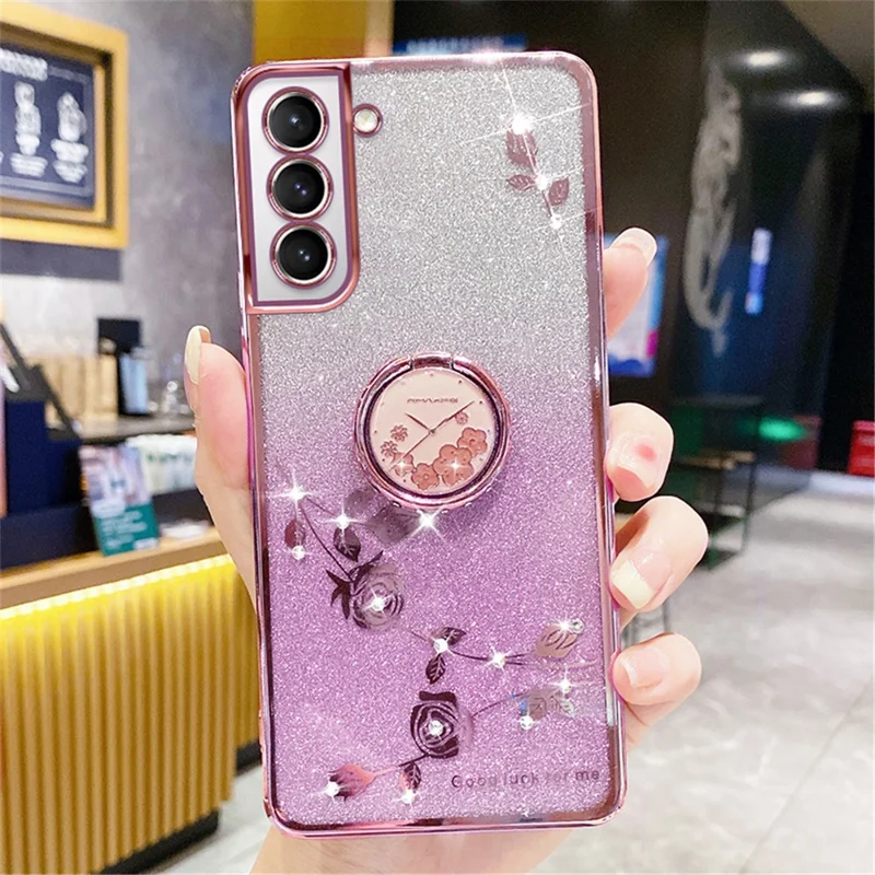 KADEM For Samsung Galaxy S21 5G / 4G TPU Case with Kickstand Glitter Flower Pattern Rhinestone Decor - Rose Gold