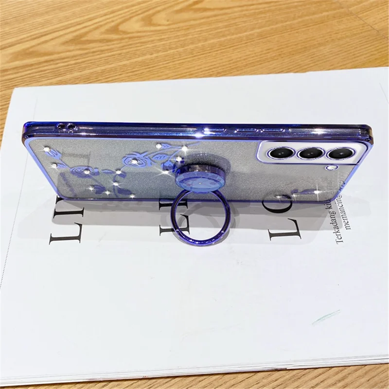 КАДЕМ Чехол для Samsung Galaxy S21+ 5G из ТПУ с подставкой, с блестящим цветочным узором и декором из страз - Синий