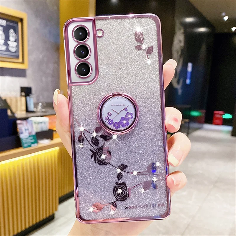 KADEM For Samsung Galaxy S21+ 5G TPU Case with Kickstand Glitter Flower Pattern Rhinestone Decor - Purple