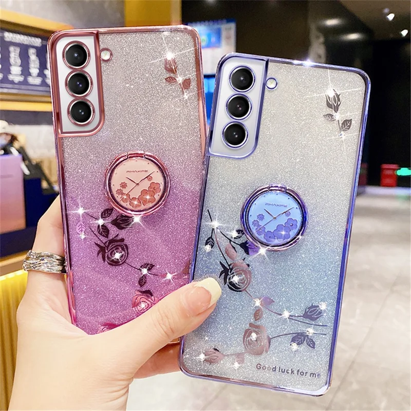 KADEM For Samsung Galaxy S21+ 5G TPU Case with Kickstand Glitter Flower Pattern Rhinestone Decor - Purple