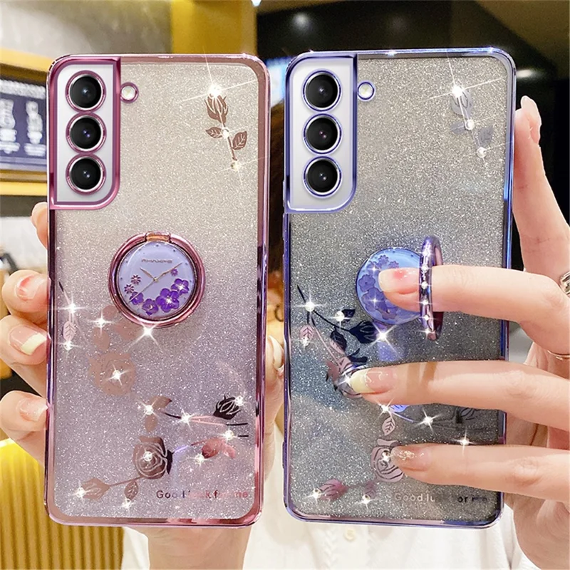 KADEM For Samsung Galaxy S21+ 5G TPU Case with Kickstand Glitter Flower Pattern Rhinestone Decor - Purple