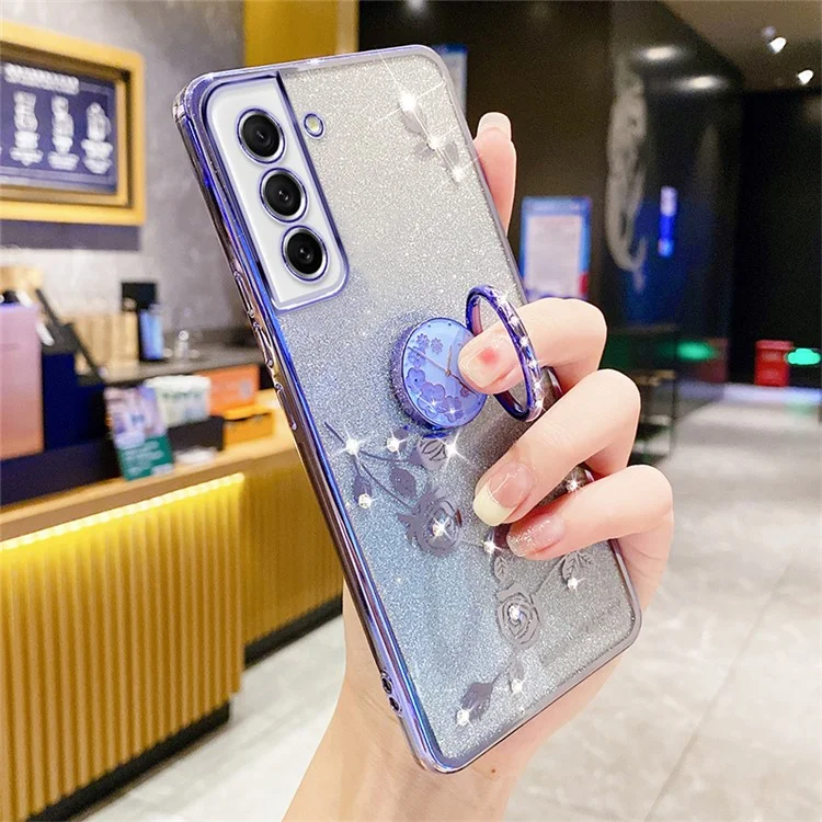 KADEM Чехол из ТПУ для Samsung Galaxy S21 FE 5G с кольцом-подставкой, цветочным узором и декором из страз - Синий