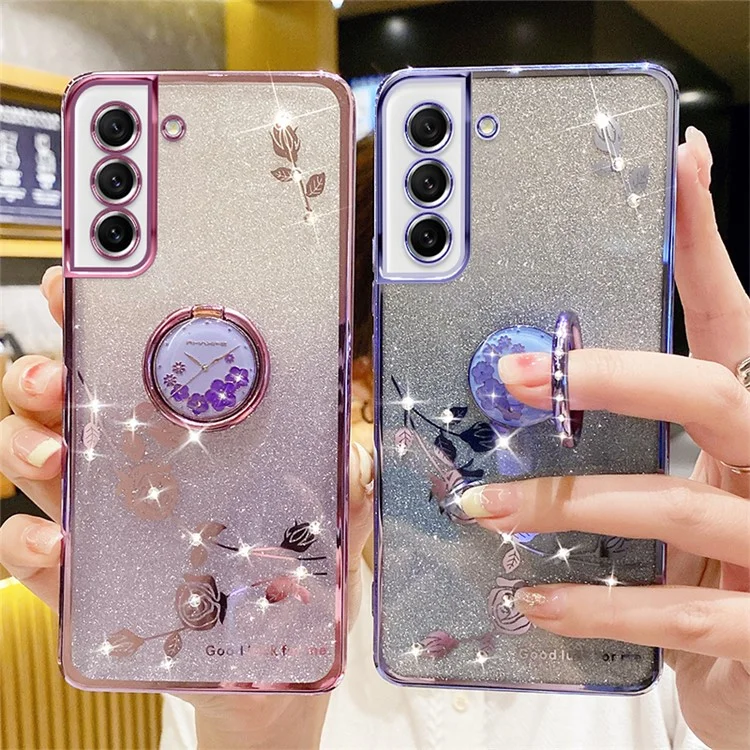 KADEM Чехол из ТПУ для Samsung Galaxy S21 FE 5G с кольцом-подставкой, цветочным узором и декором из страз - Синий