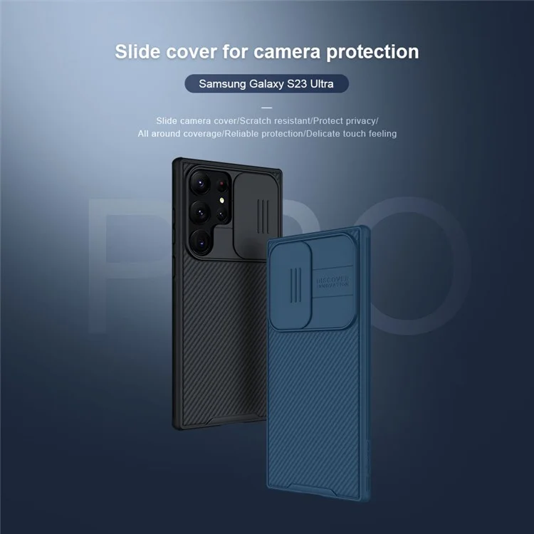 NILLKIN CamShield Pro Series pour Samsung Galaxy S23 Ultra Étui de protection en PC + TPU anti-chute avec protecteur de caméra coulissant - Bleu