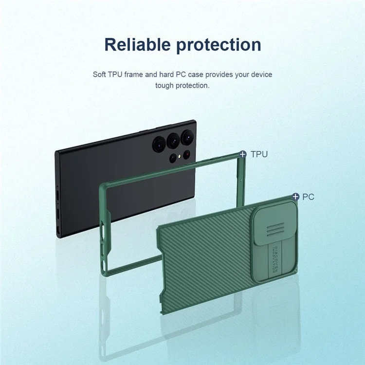 NILLKIN CamShield Pro Series pour Samsung Galaxy S23 Ultra Étui de protection en PC + TPU anti-chute avec protecteur de caméra coulissant - Bleu