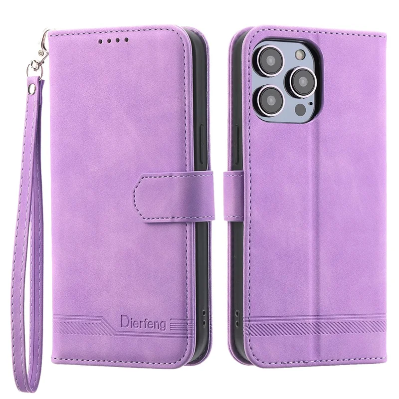 DIERFENG DF-03 Phone Case for iPhone 13 Pro Max 6.7 inch, PU Leather Lines Imprinted Wallet Stand Cover - Purple