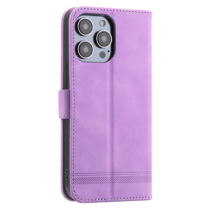 DIERFENG DF-03 Phone Case for iPhone 13 Pro Max 6.7 inch, PU Leather Lines Imprinted Wallet Stand Cover - Purple