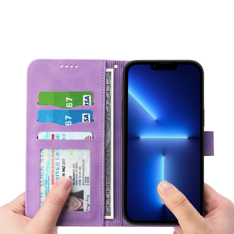 DIERFENG DF-03 Phone Case for iPhone 13 Pro Max 6.7 inch, PU Leather Lines Imprinted Wallet Stand Cover - Purple
