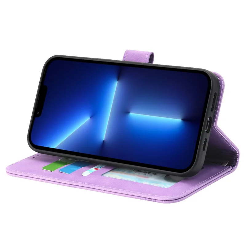 DIERFENG DF-03 Phone Case for iPhone 13 Pro Max 6.7 inch, PU Leather Lines Imprinted Wallet Stand Cover - Purple
