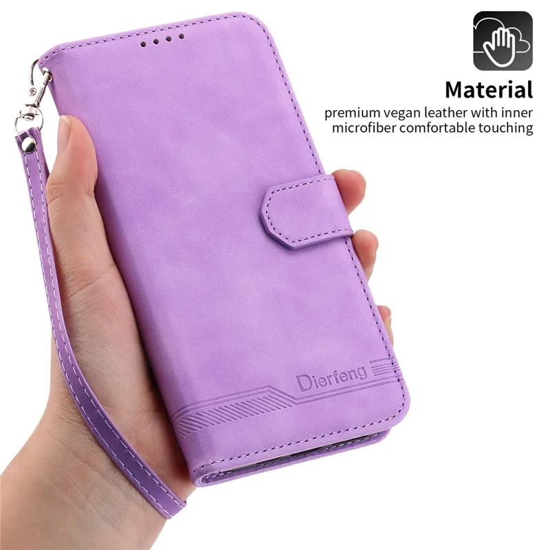 DIERFENG DF-03 Phone Case for iPhone 13 Pro Max 6.7 inch, PU Leather Lines Imprinted Wallet Stand Cover - Purple