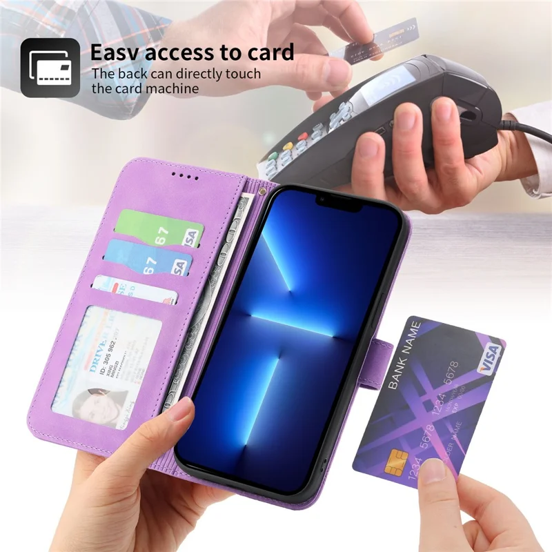 DIERFENG DF-03 Phone Case for iPhone 13 Pro Max 6.7 inch, PU Leather Lines Imprinted Wallet Stand Cover - Purple