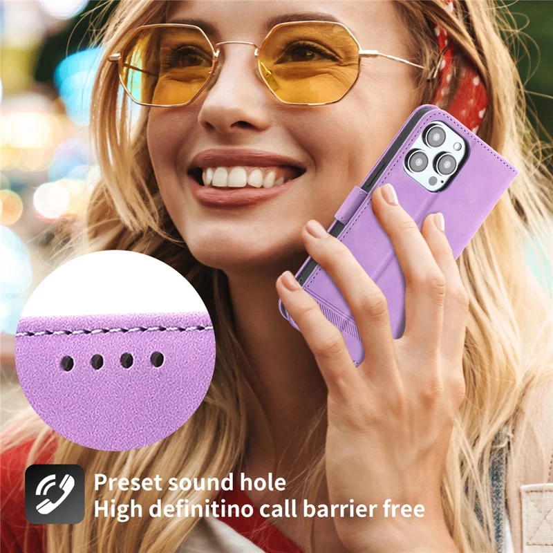 DIERFENG DF-03 Phone Case for iPhone 13 Pro Max 6.7 inch, PU Leather Lines Imprinted Wallet Stand Cover - Purple