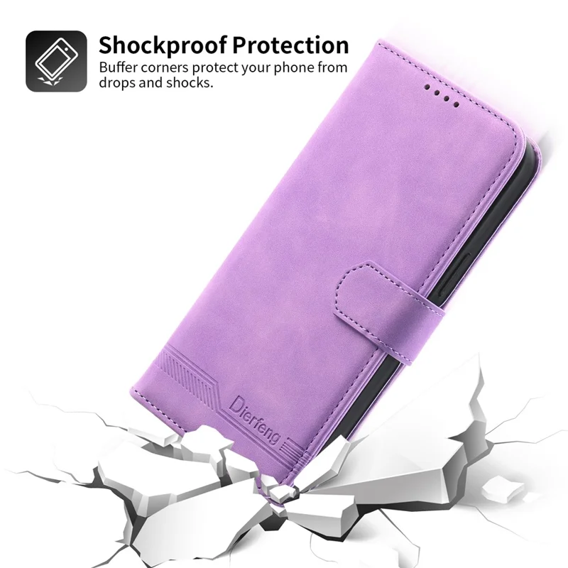 DIERFENG DF-03 Phone Case for iPhone 13 Pro Max 6.7 inch, PU Leather Lines Imprinted Wallet Stand Cover - Purple
