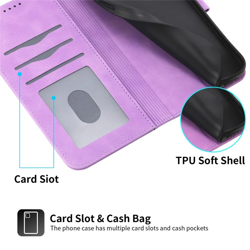 DIERFENG DF-03 Phone Case for iPhone 13 Pro Max 6.7 inch, PU Leather Lines Imprinted Wallet Stand Cover - Purple