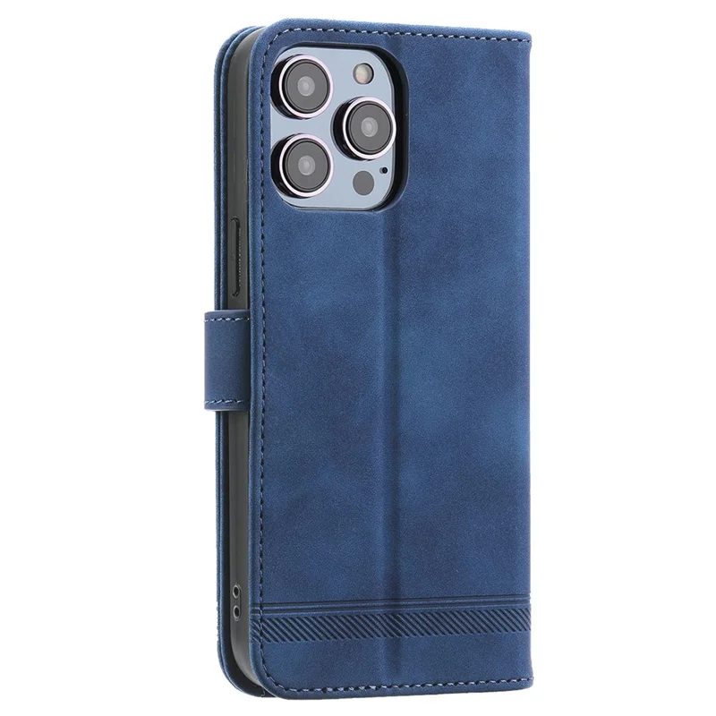 DIERFENG DF-03 PU-Lederhülle für iPhone 13 Pro 6.1 Zoll, liniengeprägter Geldbörse-Ständer-Schutzhülle - Blau