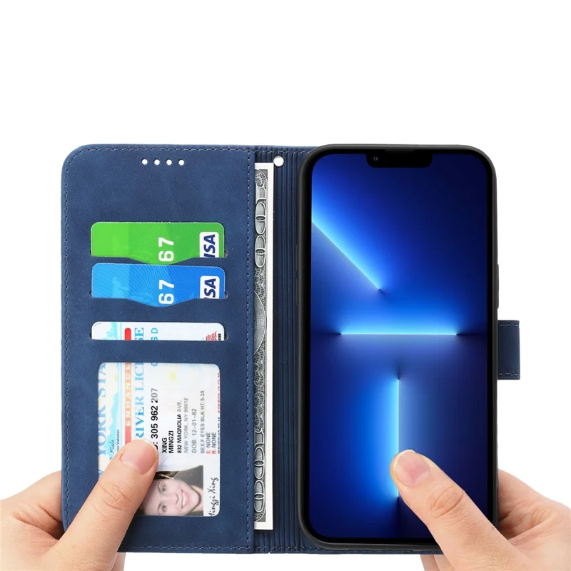 DIERFENG DF-03 PU-Lederhülle für iPhone 13 Pro 6.1 Zoll, liniengeprägter Geldbörse-Ständer-Schutzhülle - Blau