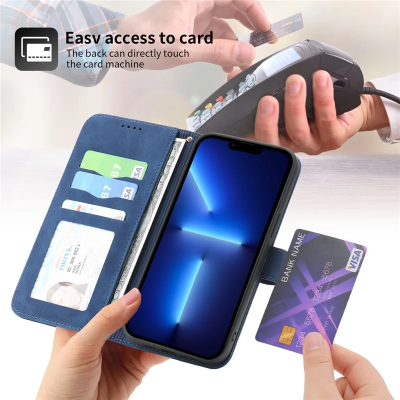 DIERFENG DF-03 PU-Lederhülle für iPhone 13 Pro 6.1 Zoll, liniengeprägter Geldbörse-Ständer-Schutzhülle - Blau