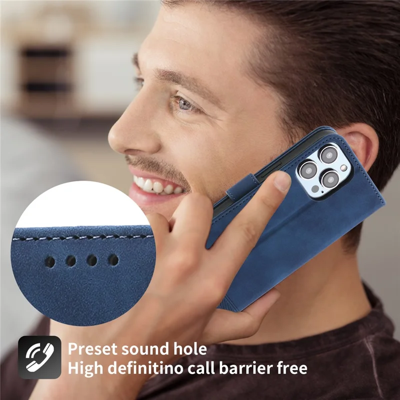 DIERFENG DF-03 PU-Lederhülle für iPhone 13 Pro 6.1 Zoll, liniengeprägter Geldbörse-Ständer-Schutzhülle - Blau