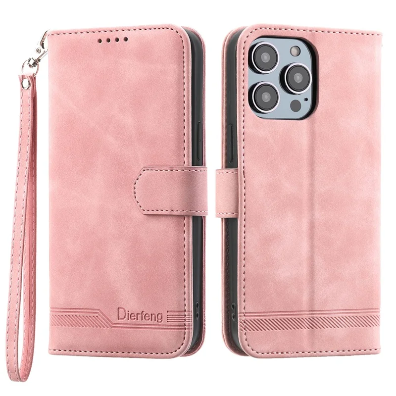 DIERFENG DF-03 für iPhone 14 Pro Max PU-Lederhülle mit Linienprägung, schockabsorbierend, Telefon-Geldbörse mit Ständer - Pink