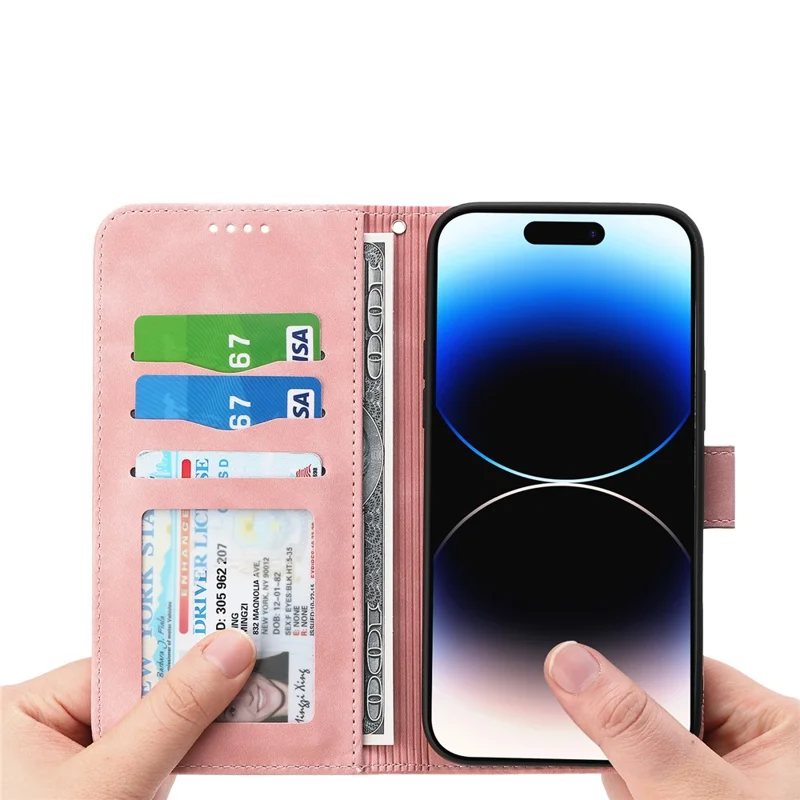 DIERFENG DF-03 für iPhone 14 Pro Max PU-Lederhülle mit Linienprägung, schockabsorbierend, Telefon-Geldbörse mit Ständer - Pink